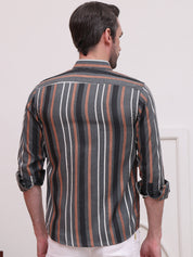 Charcoal Grey Striped Cotton Casual Shirt