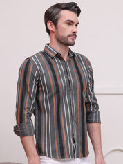 Charcoal Grey Striped Cotton Casual Shirt