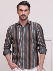 Charcoal Grey Striped Cotton Casual Shirt