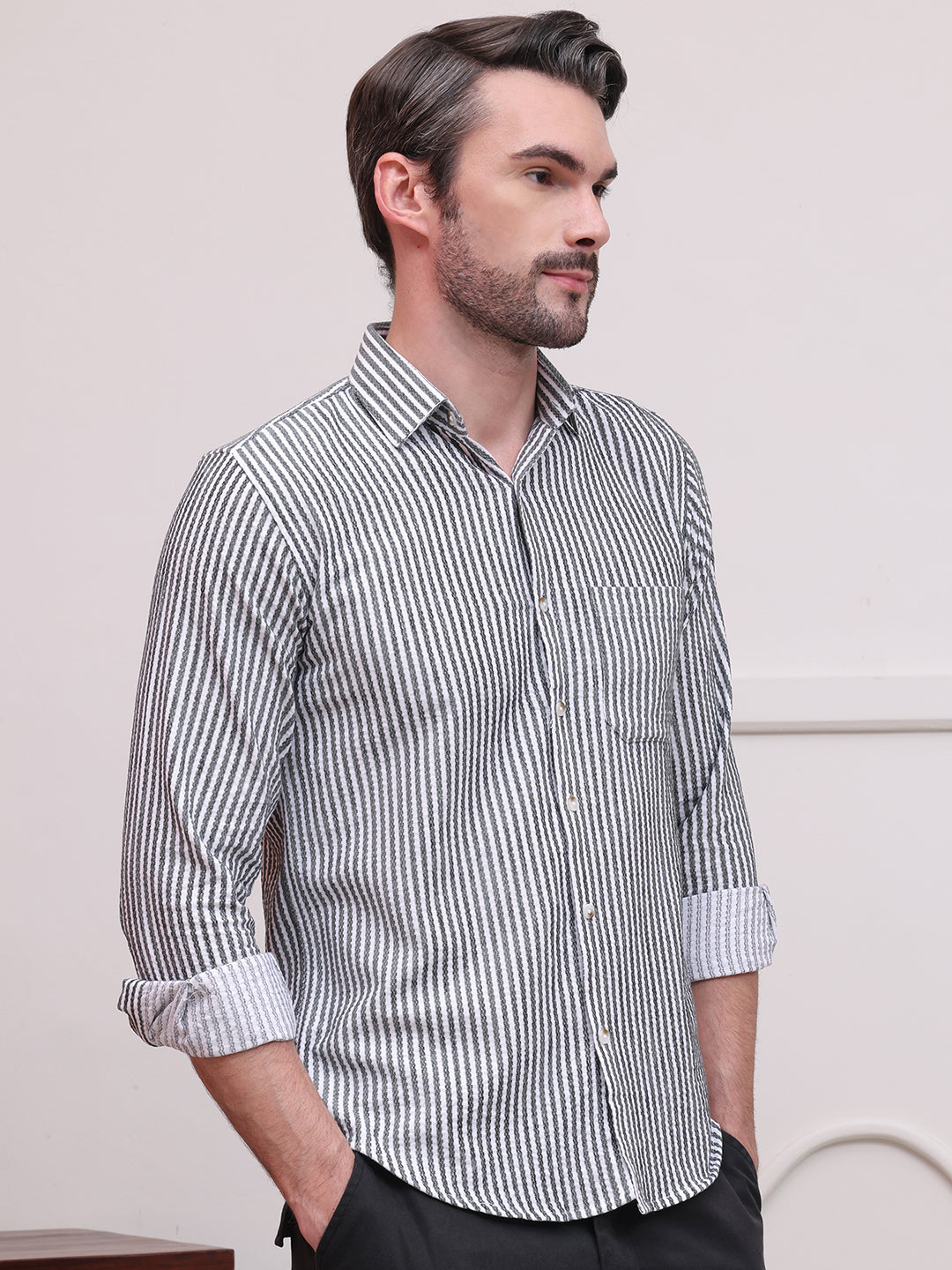 Grey Striped Cotton Casual Shirt