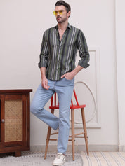 Grey & Olive Striped Cotton Casual Shirt