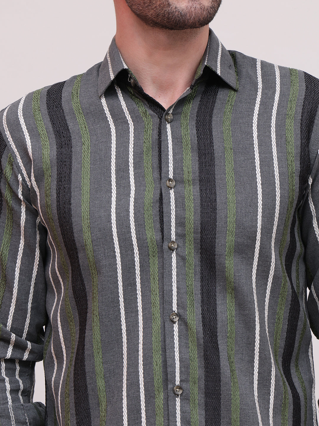 Grey & Olive Striped Cotton Casual Shirt