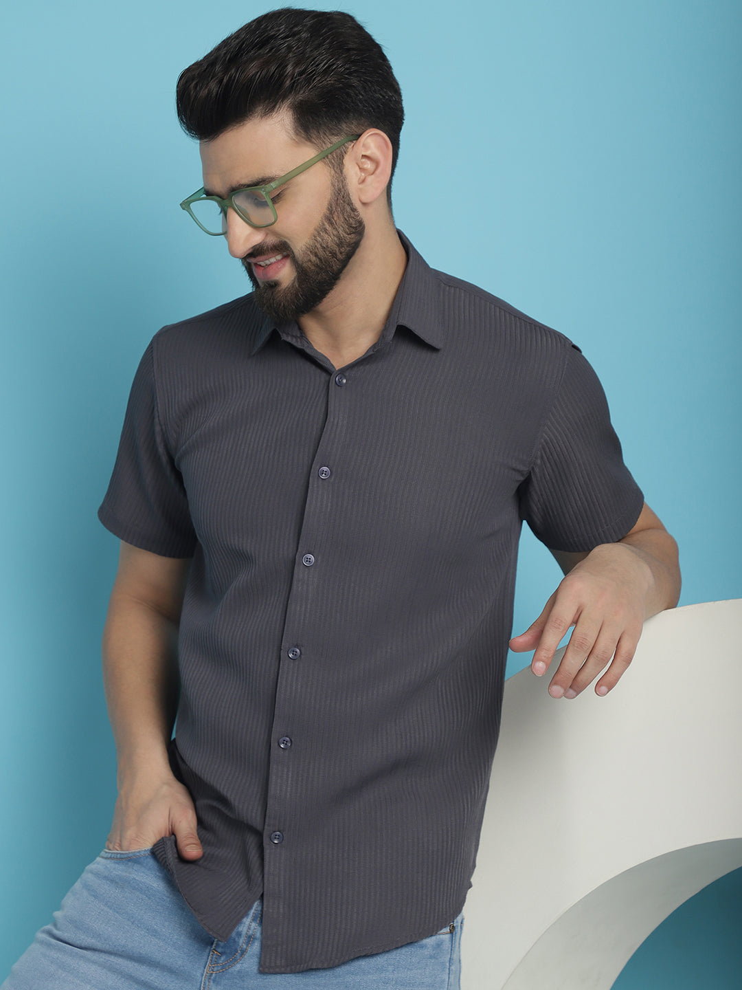 Men's Grey Striped Shirt - Premium 70% Cotton 30% Polyester - Front