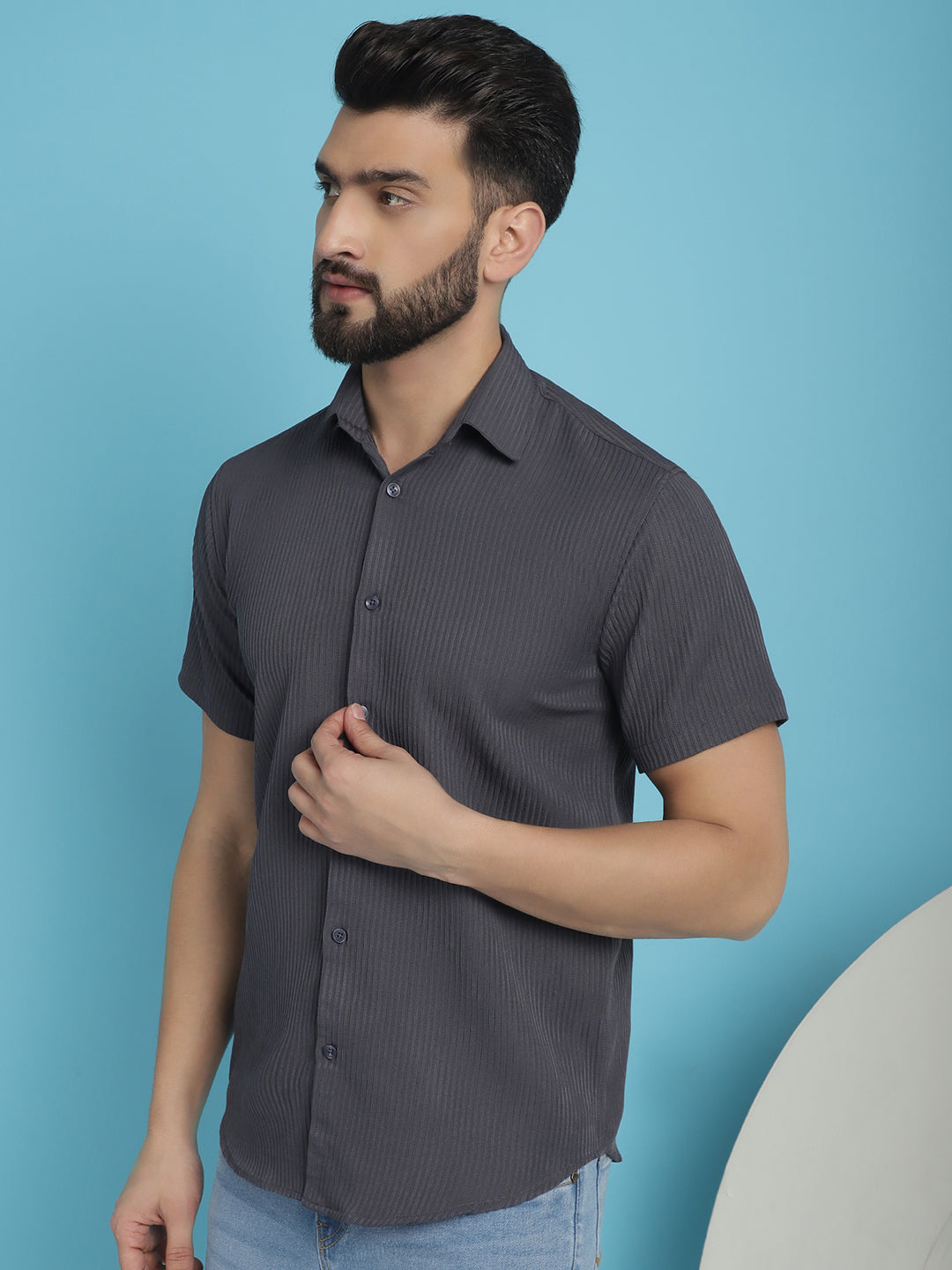 Men's Striped Shirt in Grey - Side Profile