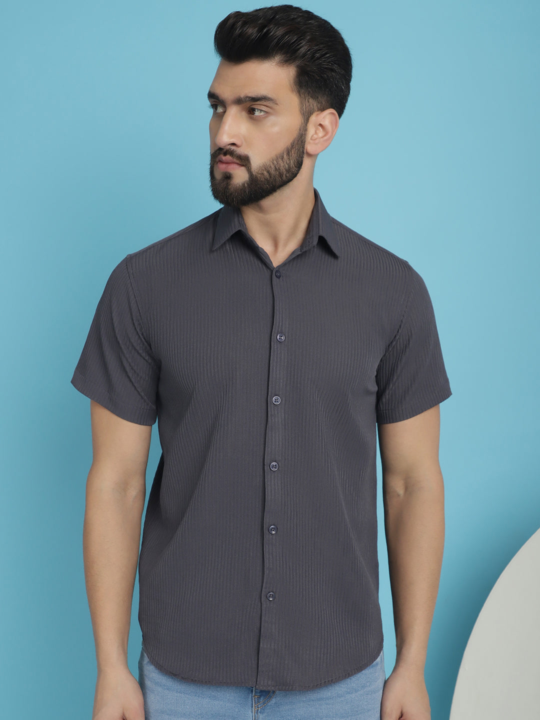 Grey Striped Shirt - Fabric Texture - 70% Cotton 30% Polyester