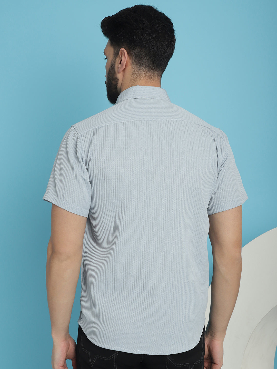Back View - Grey Cotton Shirt for Men