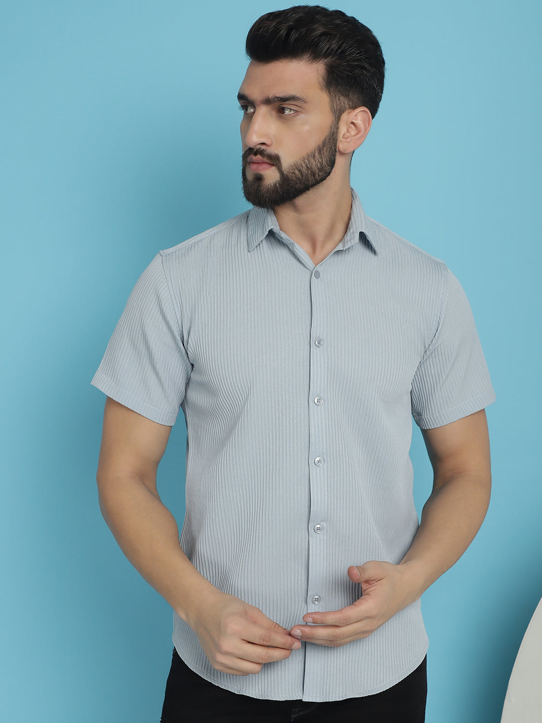 Premium 70% Cotton 30% Polyester Fabric - Grey Shirt Detail