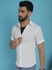White Cotton Shirt Side View - Spread Collar Detail
