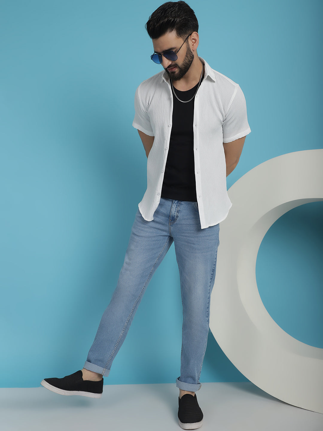 Button Detail - White Striped Men's Shirt