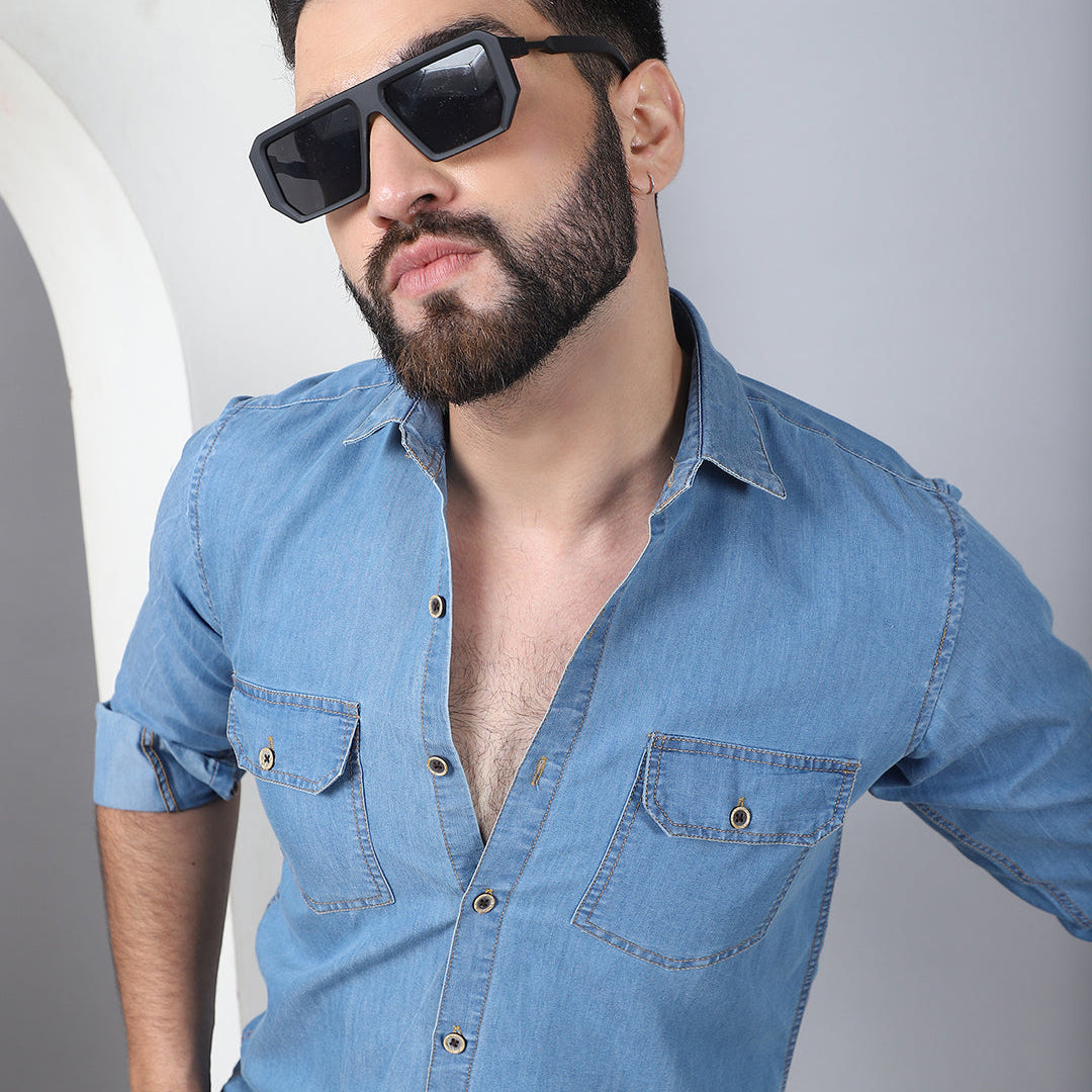 Indian Needle Faded Cotton Denim Casual Shirt in Light Blue - Front View