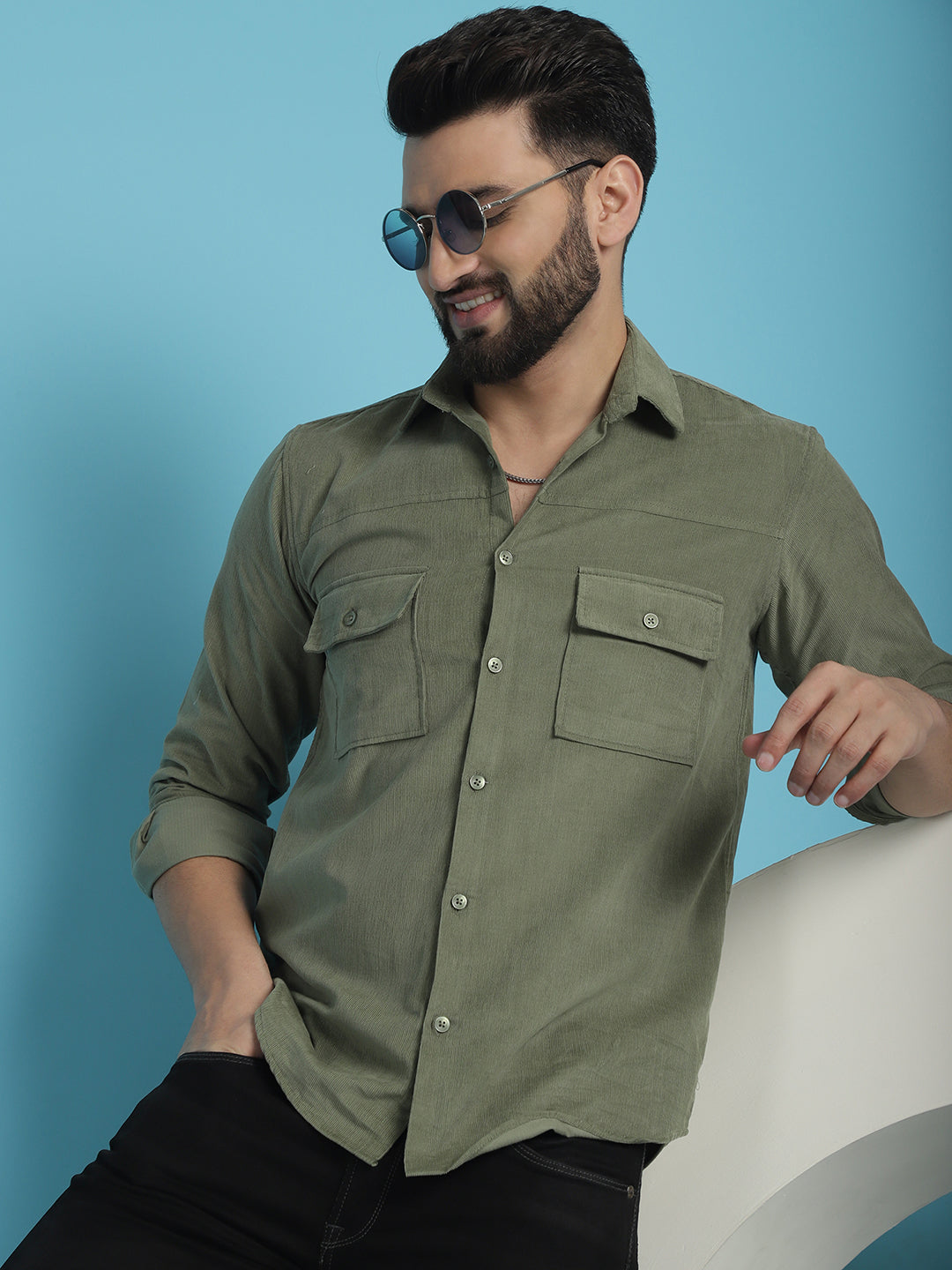 Pista Self Design Cotton Shirt for Men - Front View - Indian Needle