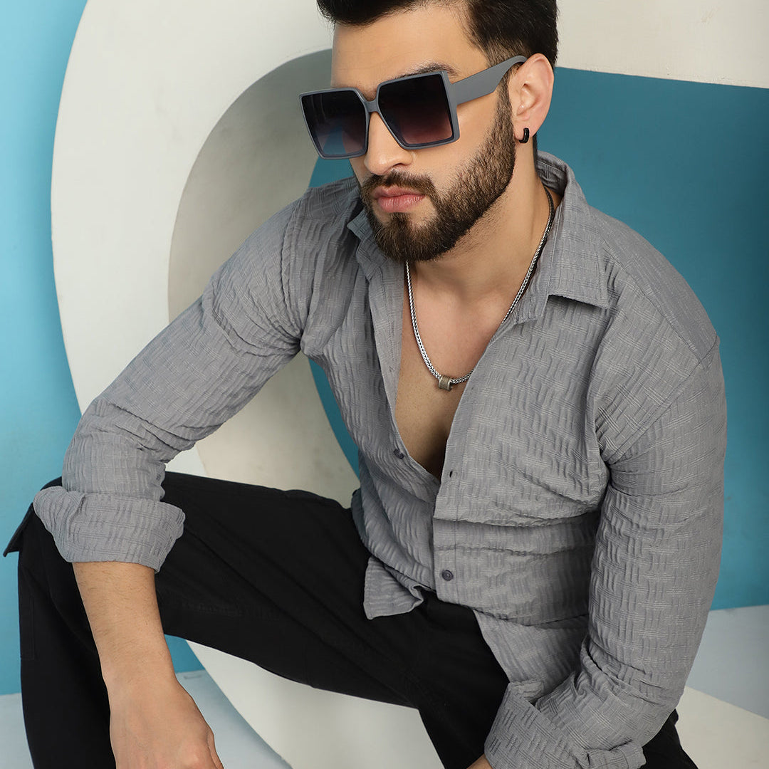 Men's Grey Self Design Shirt - Premium 70% Cotton 30% Polyester - Front