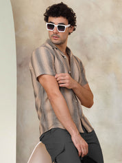 Beige Striped Half Sleeves Shirt - Indian Needle Collection
