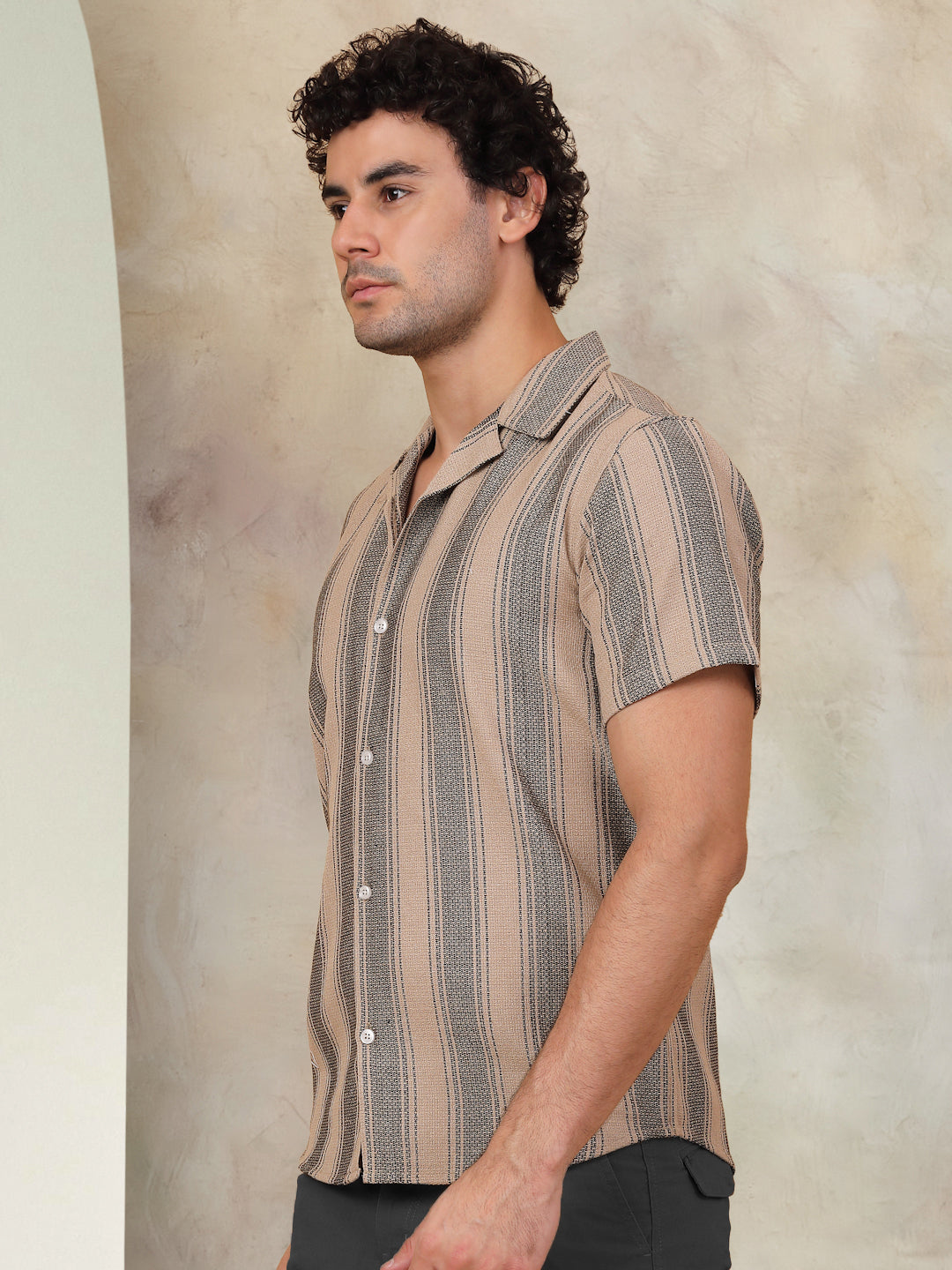Men's Striped Shirt in Beige - Side Profile