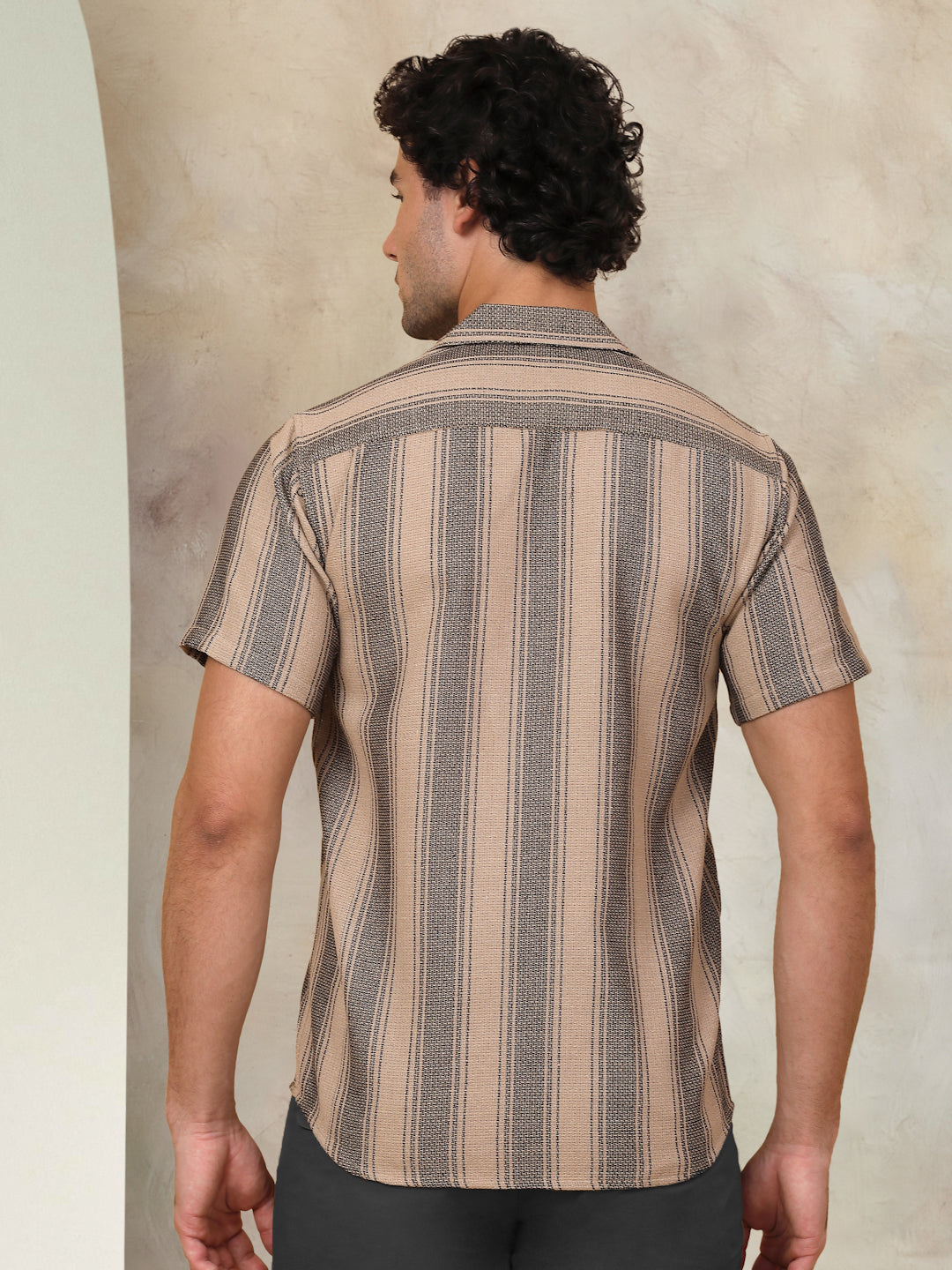 Beige Striped Shirt Back View - Clean Finish
