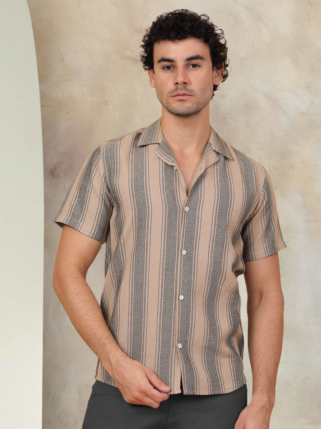 Beige Striped Shirt - Fabric Texture - 70% Cotton 30% Polyester