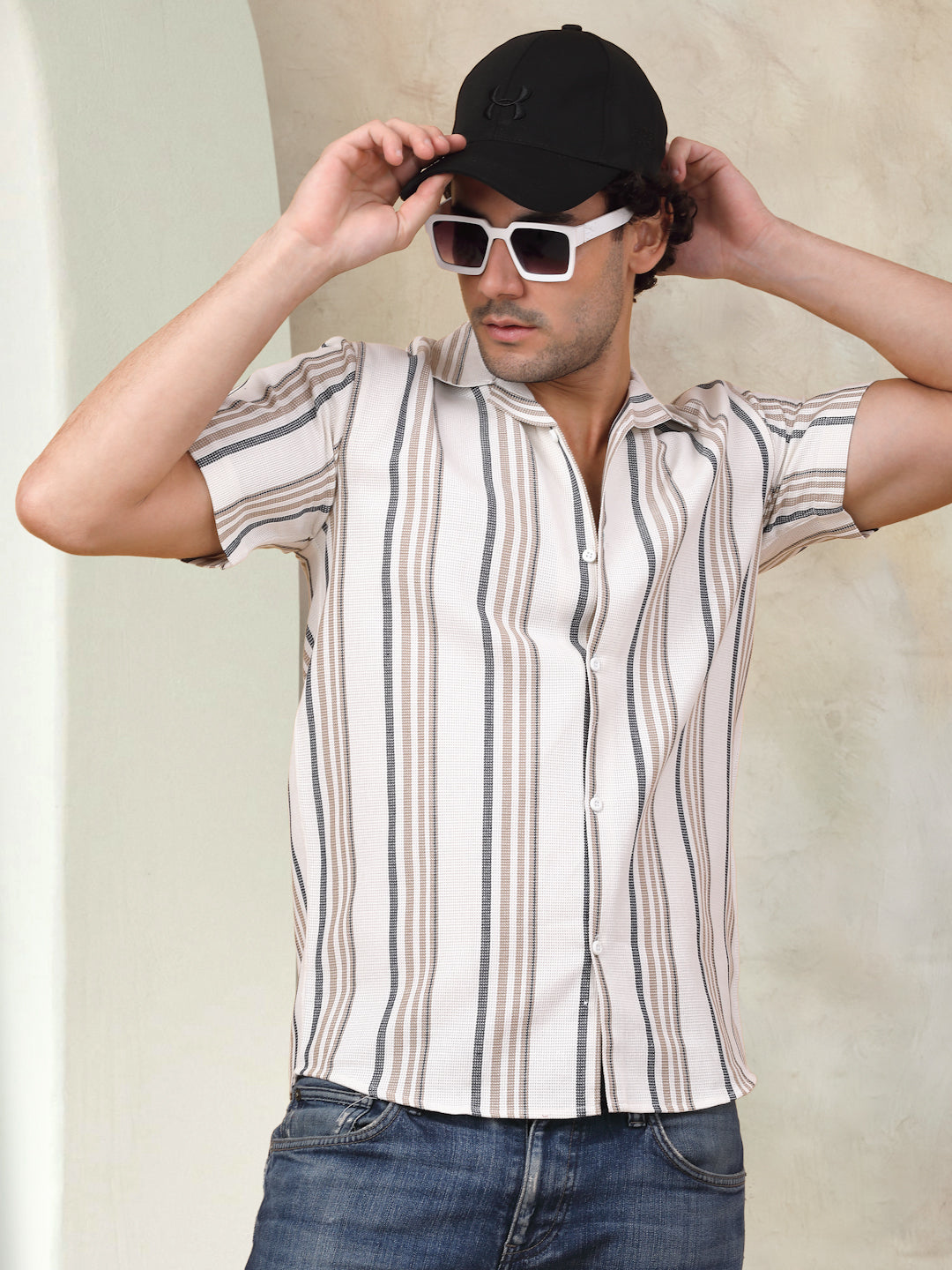 Brown Striped Half Sleeves Shirt - Indian Needle Collection