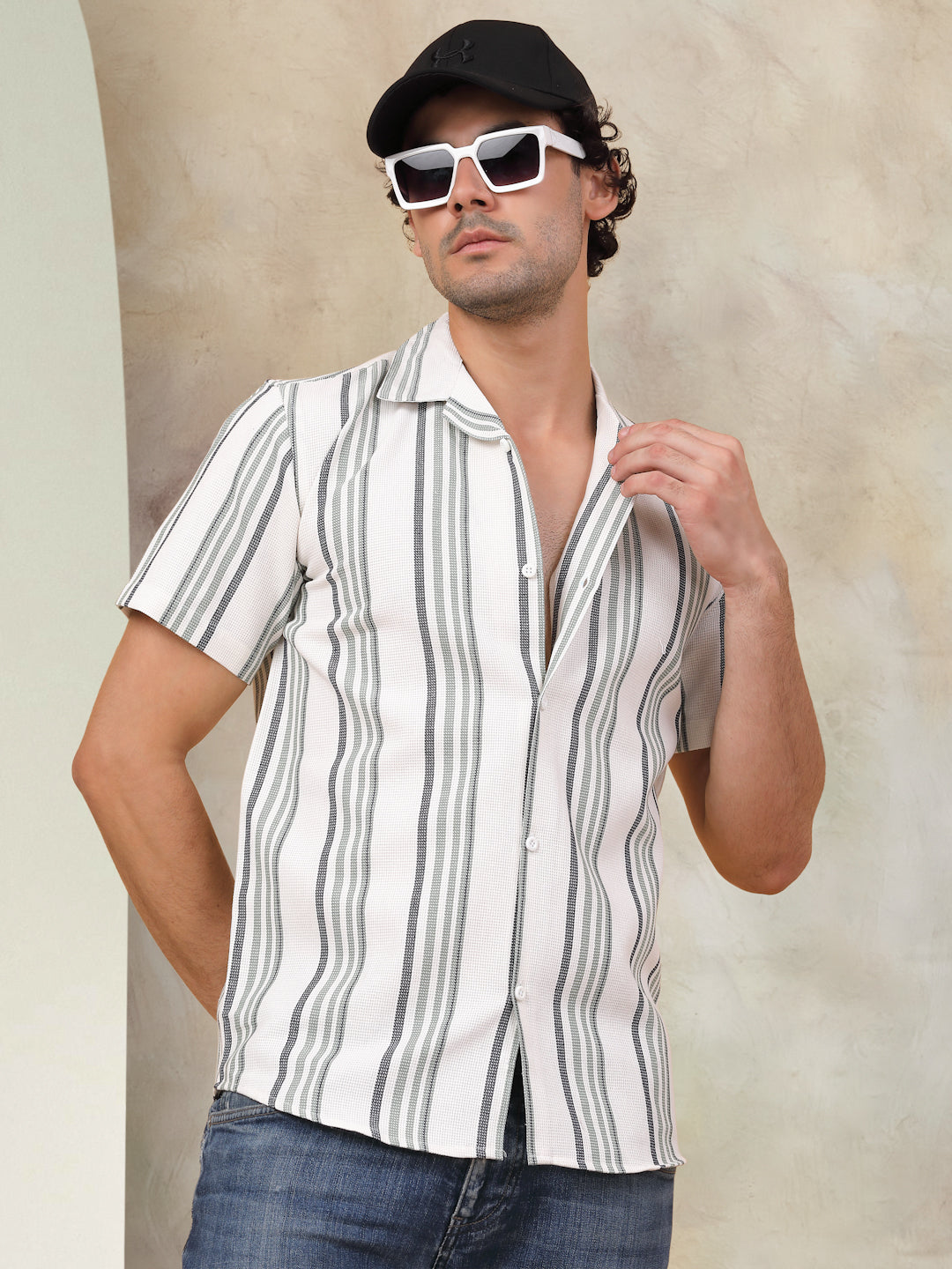 White Striped Half Sleeves Shirt - Indian Needle Collection