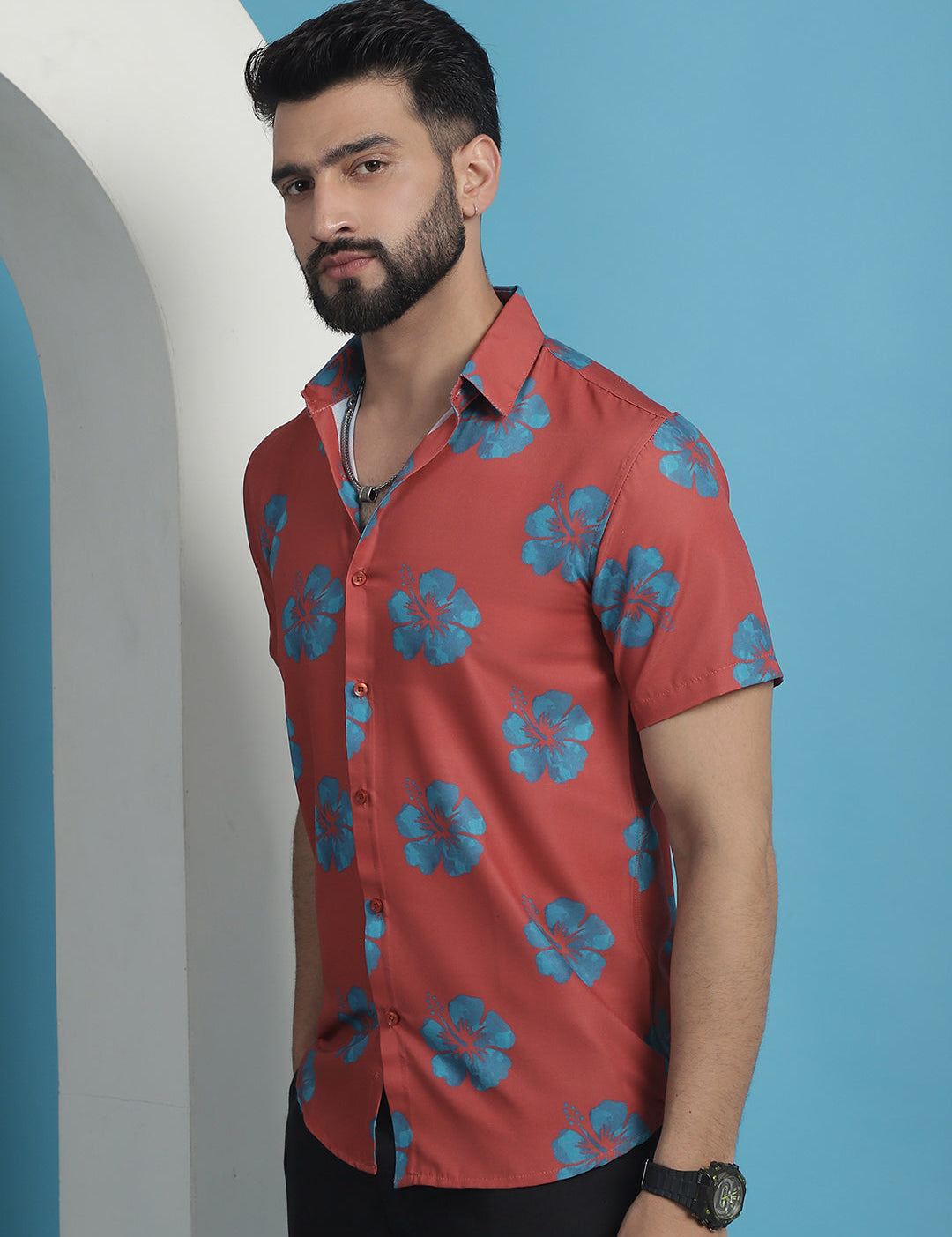 Coral Cotton Shirt Side View - Spread Collar Detail