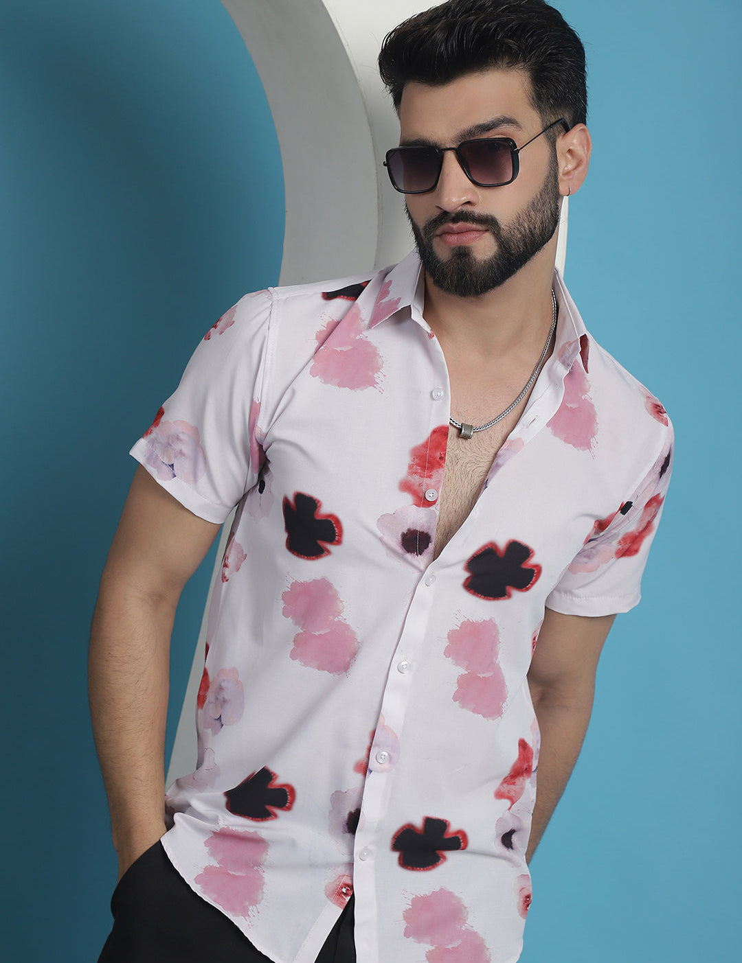 Pink Printed Cotton Shirt for Men - Front View - Indian Needle