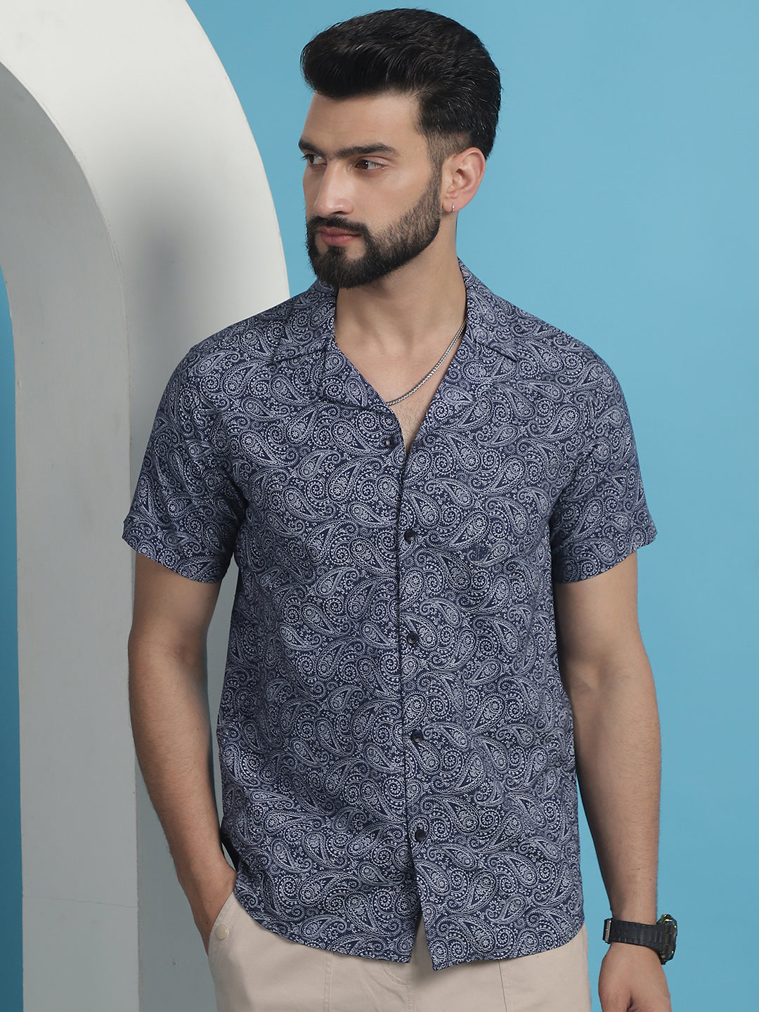 Navy Blue Paisley Printed Cotton Casual Shirt
