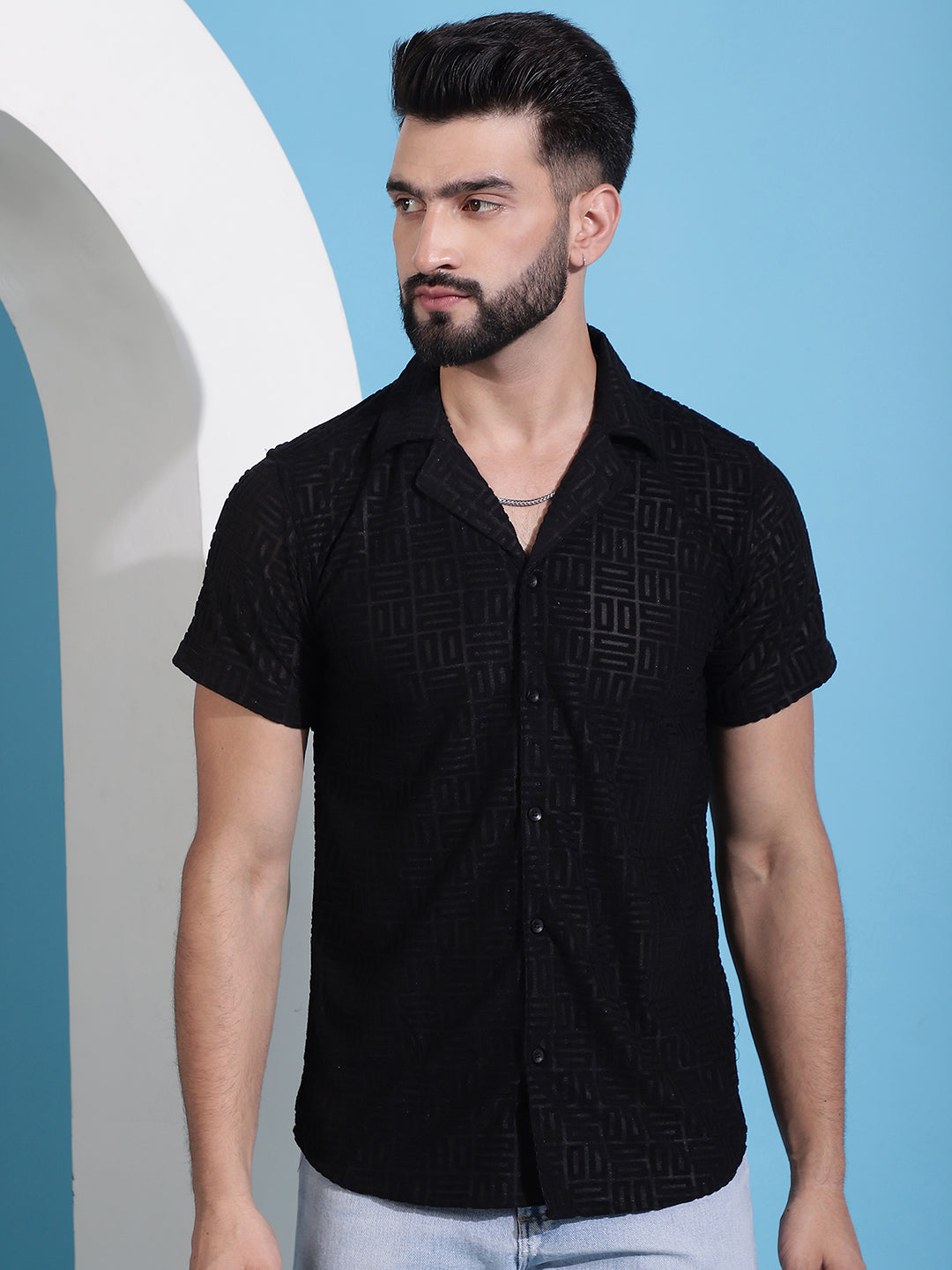 Men Embossed Design Cotton Shirt