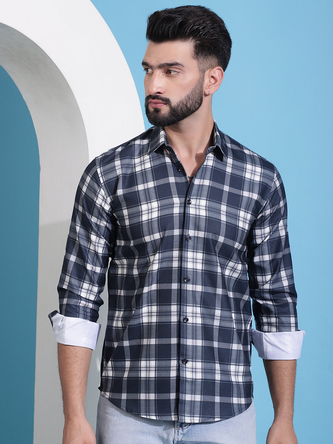 Charcoal Grey Checked Cotton Casual Shirt for Men