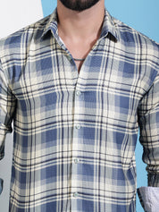 Cream Checked Cotton Casual Shirt for Men