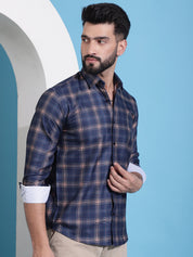 Navy Blue Checked Cotton Casual Shirt for Men