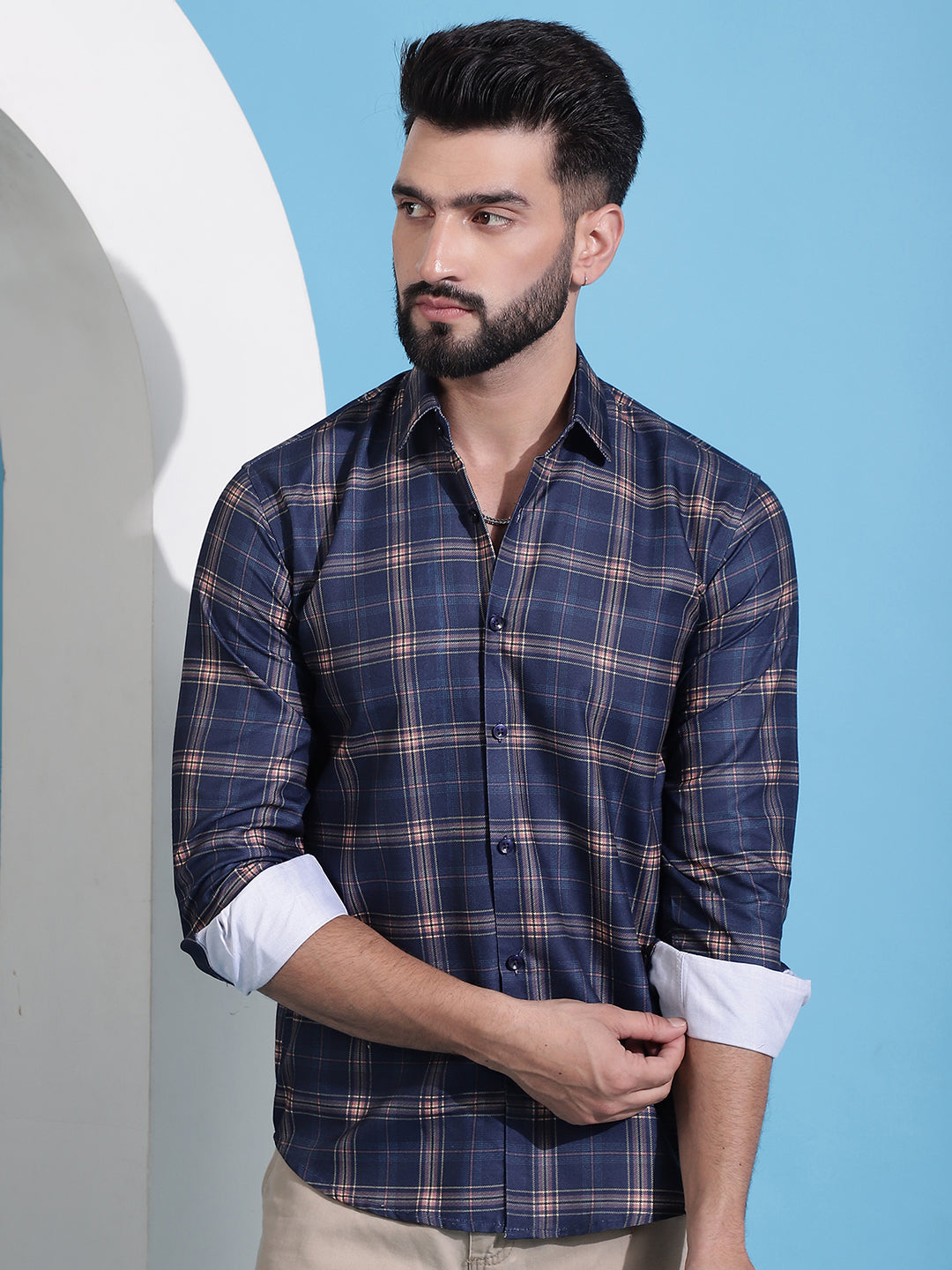 Navy Blue Checked Cotton Casual Shirt for Men