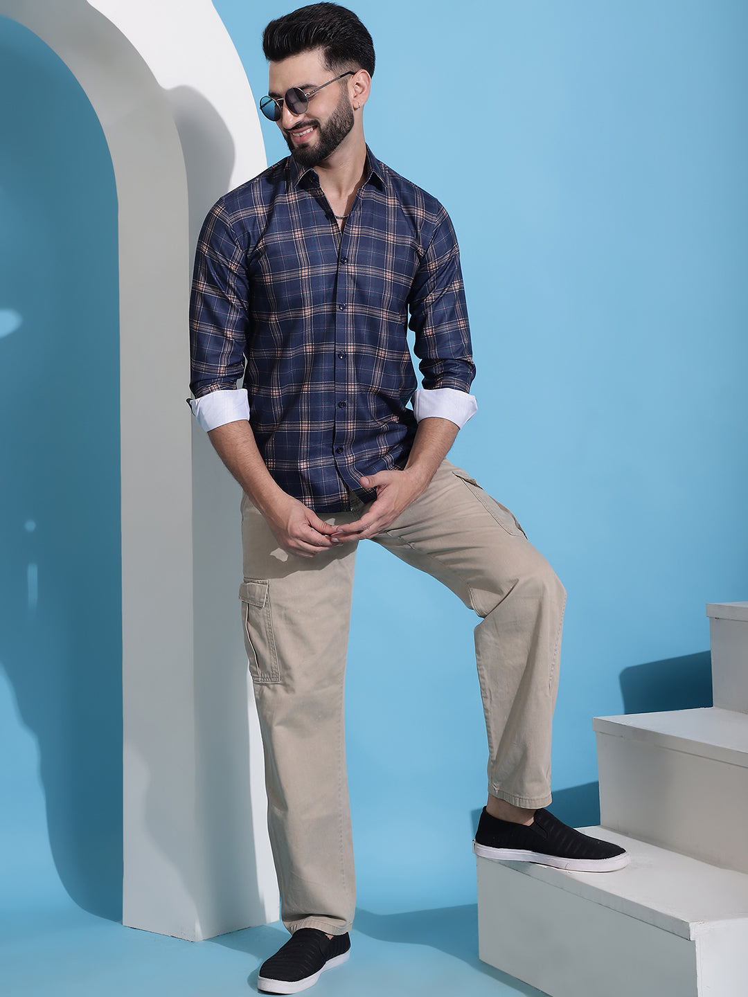 Navy Blue Checked Cotton Casual Shirt for Men