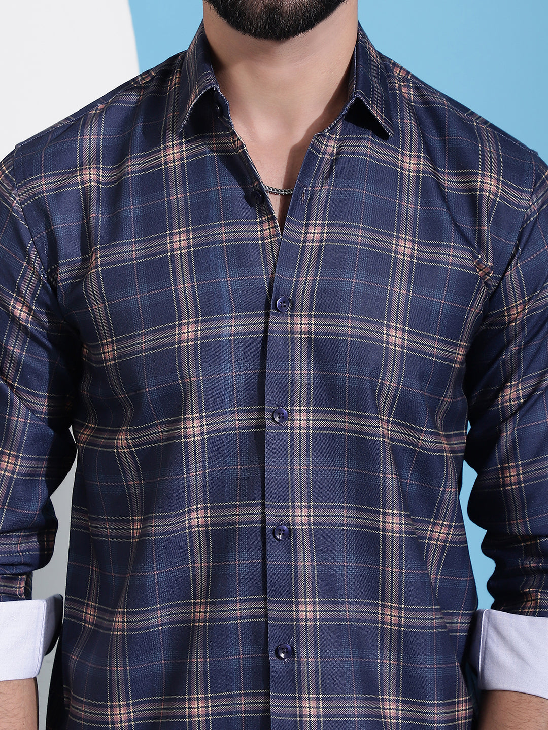 Navy Blue Checked Cotton Casual Shirt for Men