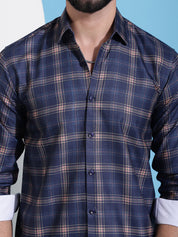 Navy Blue Checked Cotton Casual Shirt for Men