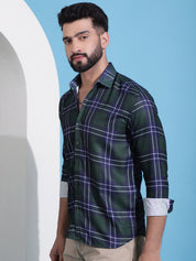 Olive Green Checked Cotton Casual Shirt for Men