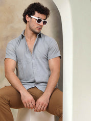 Grey Self Design Cotton Shirt for Men - Front View - Indian Needle