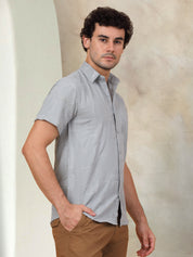 Grey Cotton Shirt Side View - Cuban Collar Detail