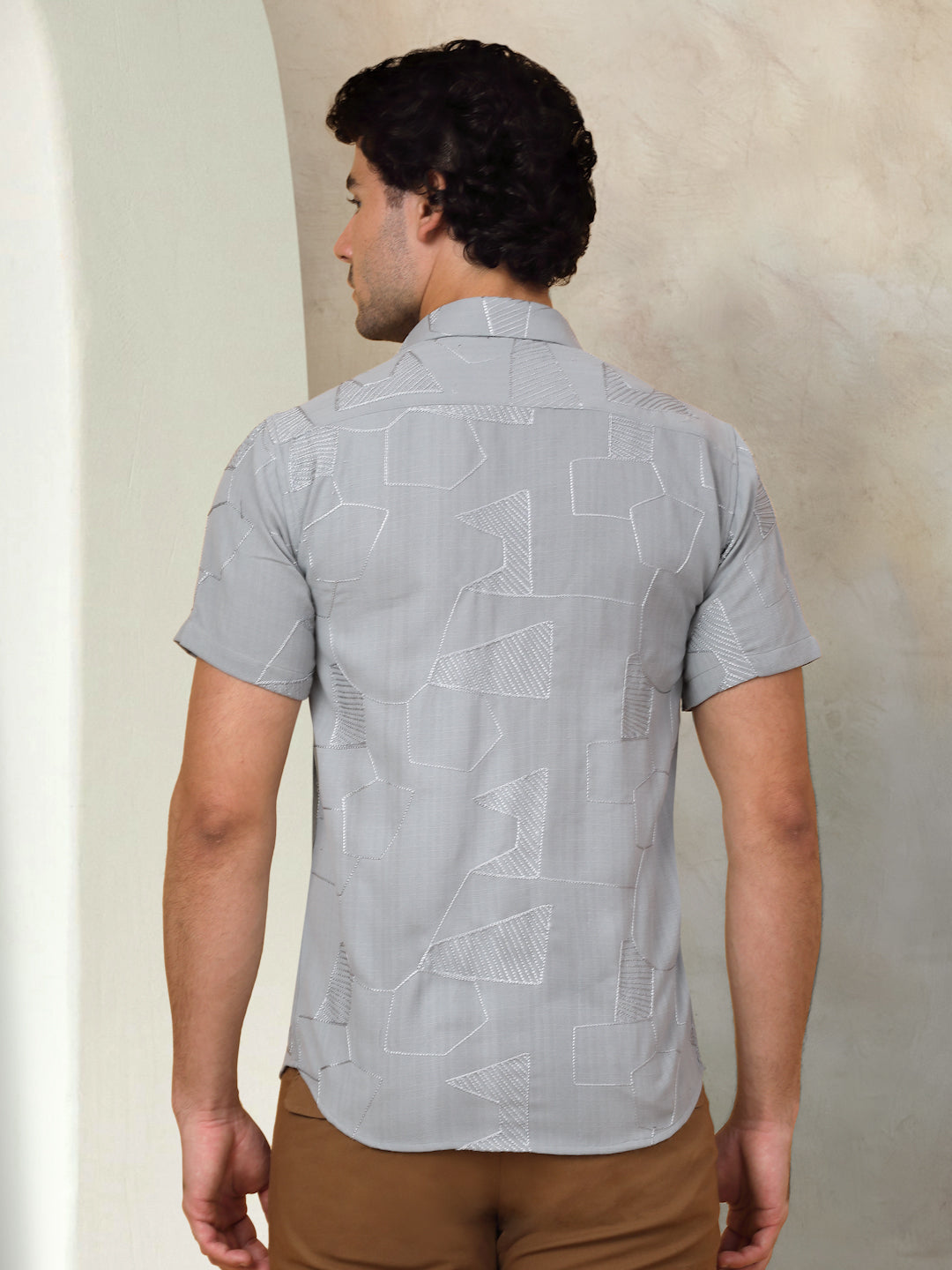 Grey Self Design Shirt Back View - Clean Finish