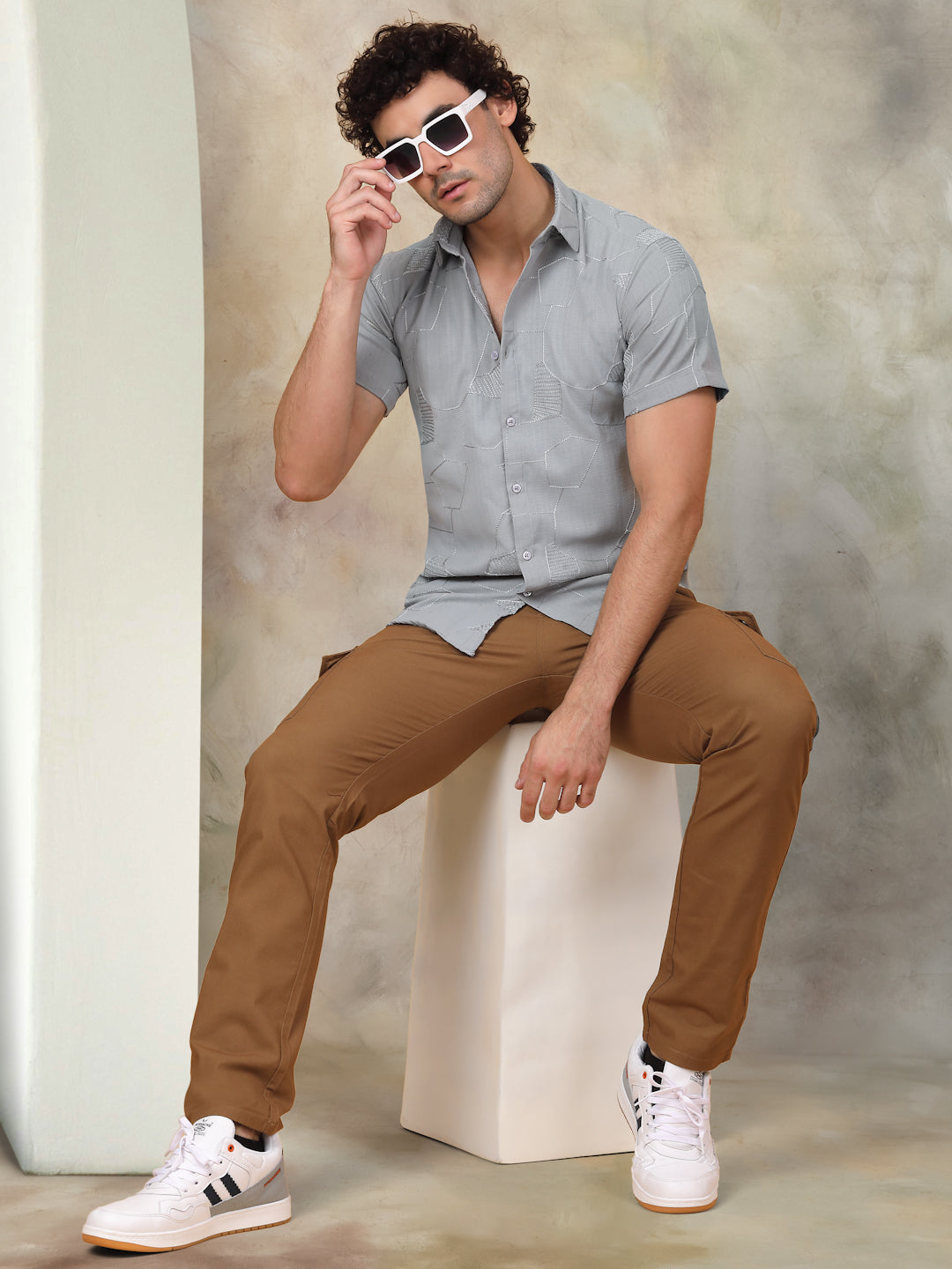 Cuban Collar Detail - Grey Men's Shirt - Indian Needle