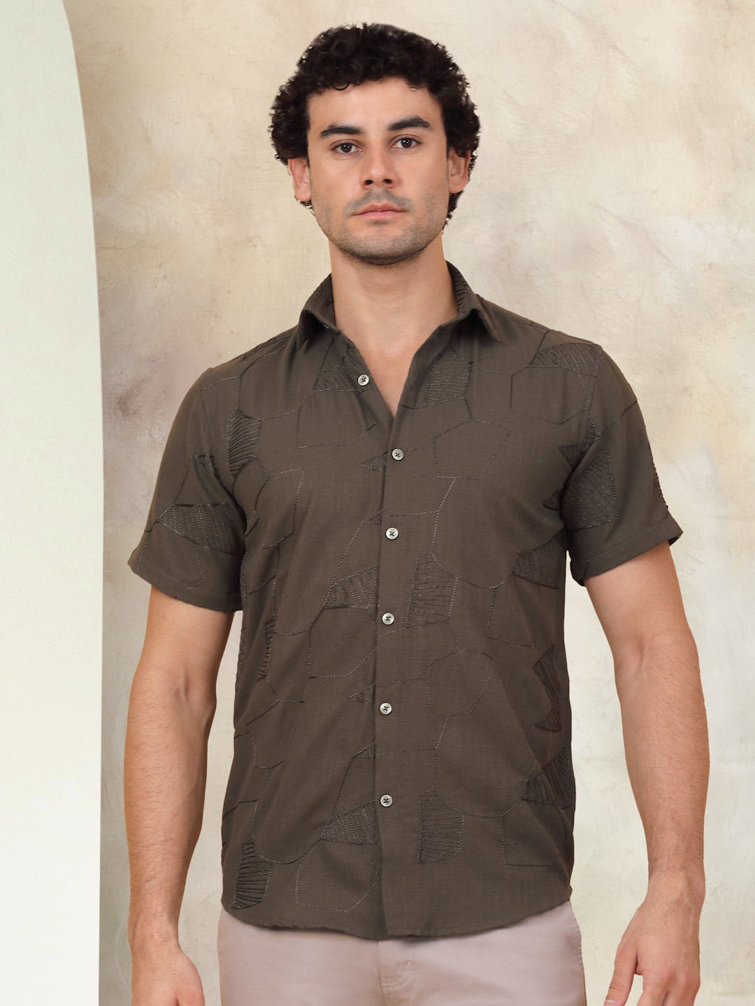 Olive Self Design Shirt - Fabric Texture - 70% Cotton 30% Polyester
