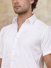 Button Detail - White Self Design Men's Shirt