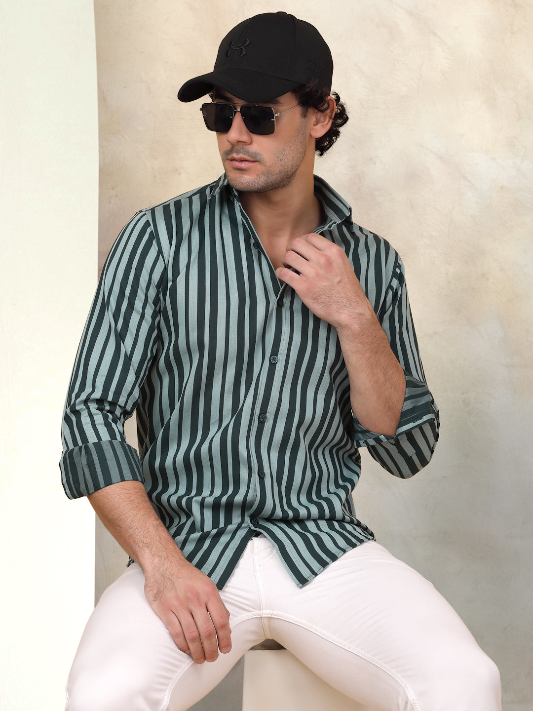 Men's Green Striped Shirt - Premium 70% Cotton 30% Polyester - Front