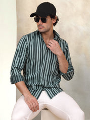 Men's Green Striped Shirt - Premium 70% Cotton 30% Polyester - Front