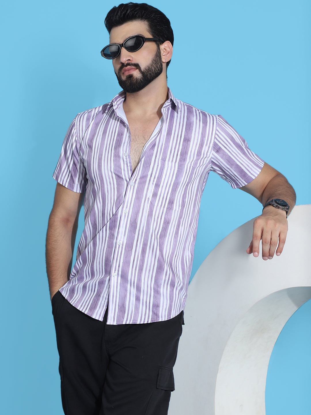 Purple Striped Cotton Shirt for Men - Front View - Indian Needle