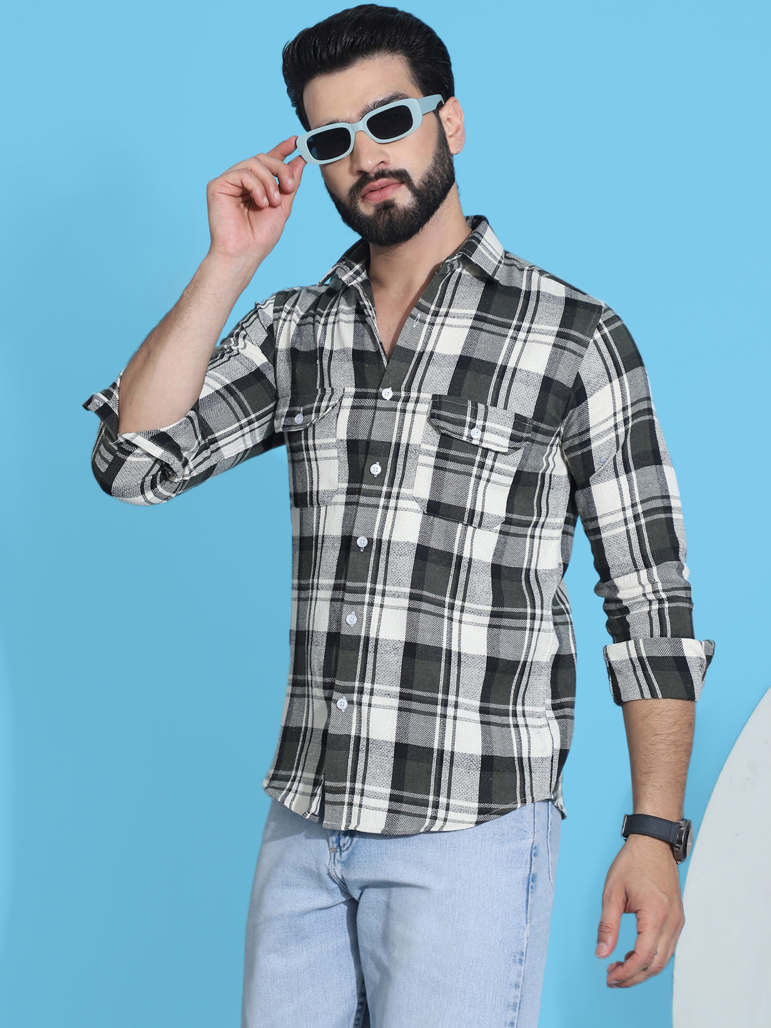 Men's Olive Checked Shirt - Premium 70% Cotton 30% Polyester - Front