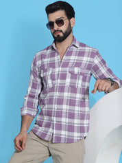 Men's Purple Checked Shirt - Premium 70% Cotton 30% Polyester - Front