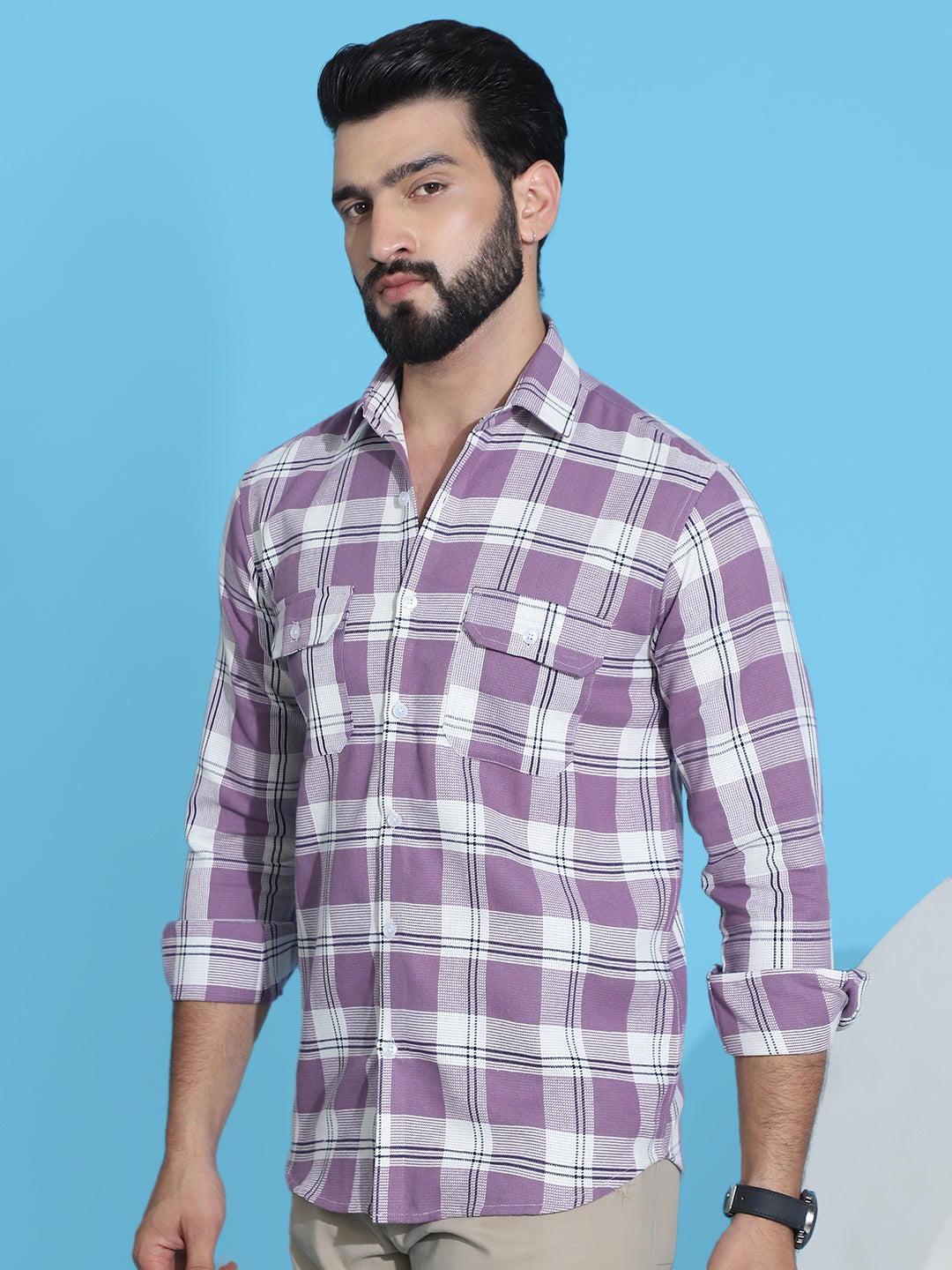 Purple Cotton Shirt Side View - Spread Collar Detail