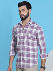 Purple Cotton Shirt Side View - Spread Collar Detail