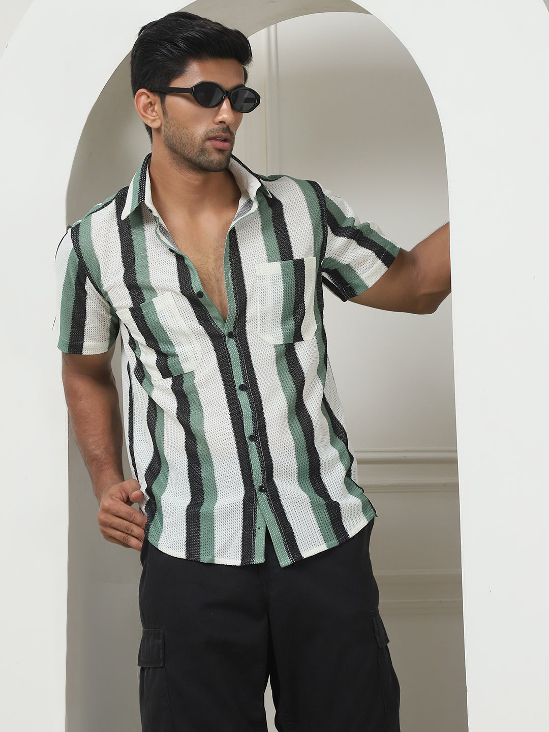 Men's Green Striped Shirt - Premium 70% Cotton 30% Polyester - Front