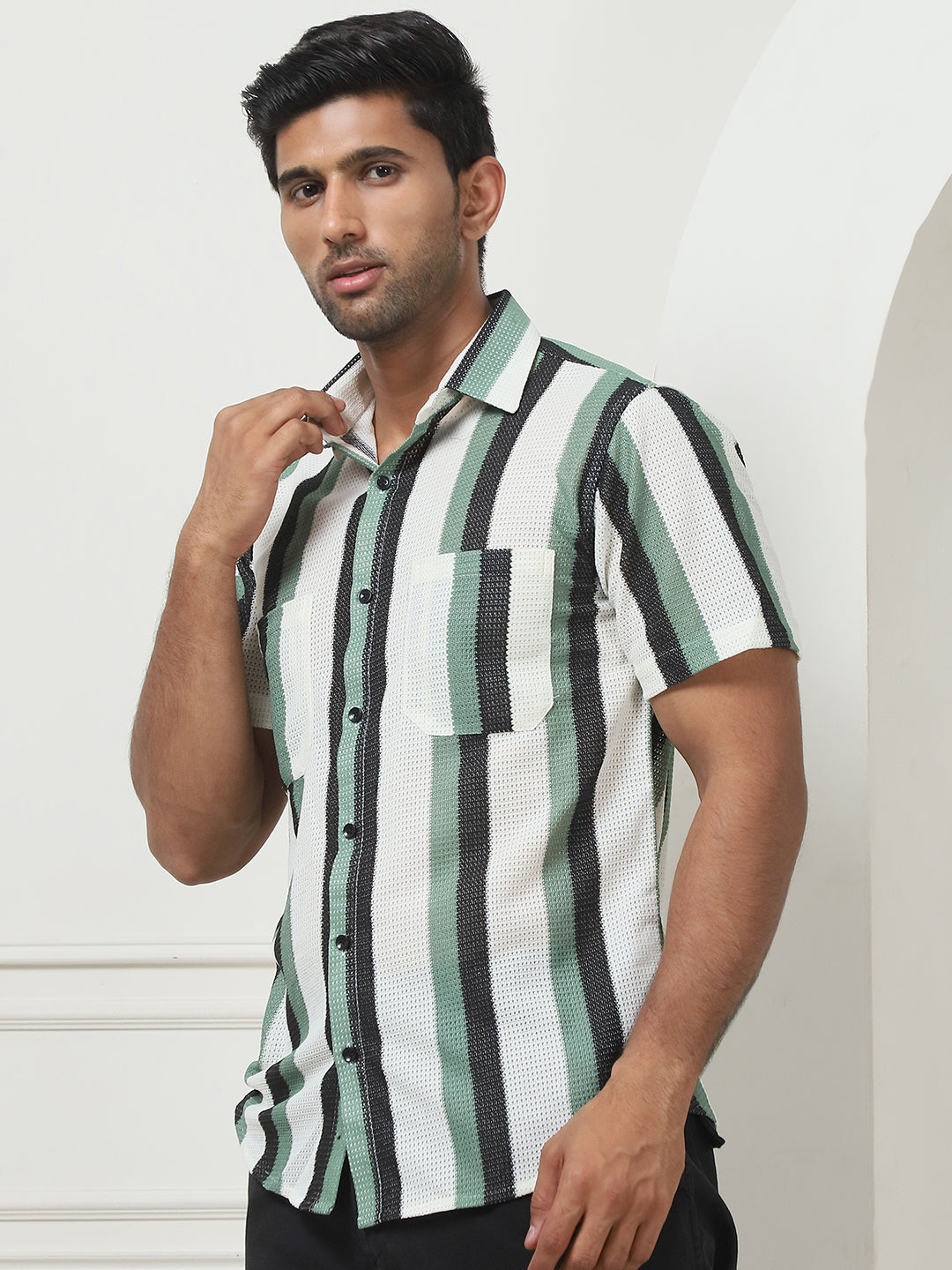 Men's Striped Shirt in Green - Side Profile