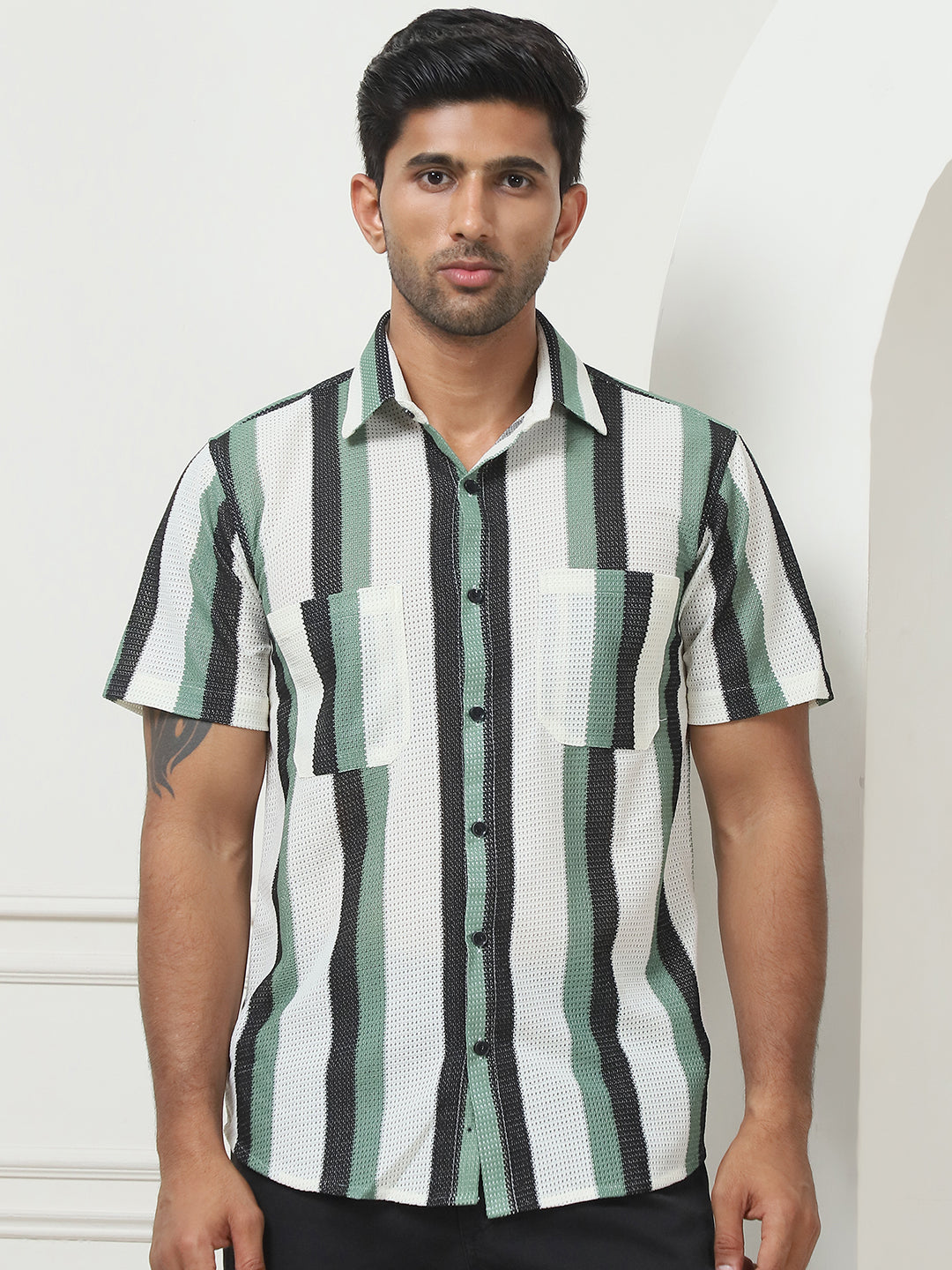 Green Striped Shirt - Fabric Texture - 70% Cotton 30% Polyester